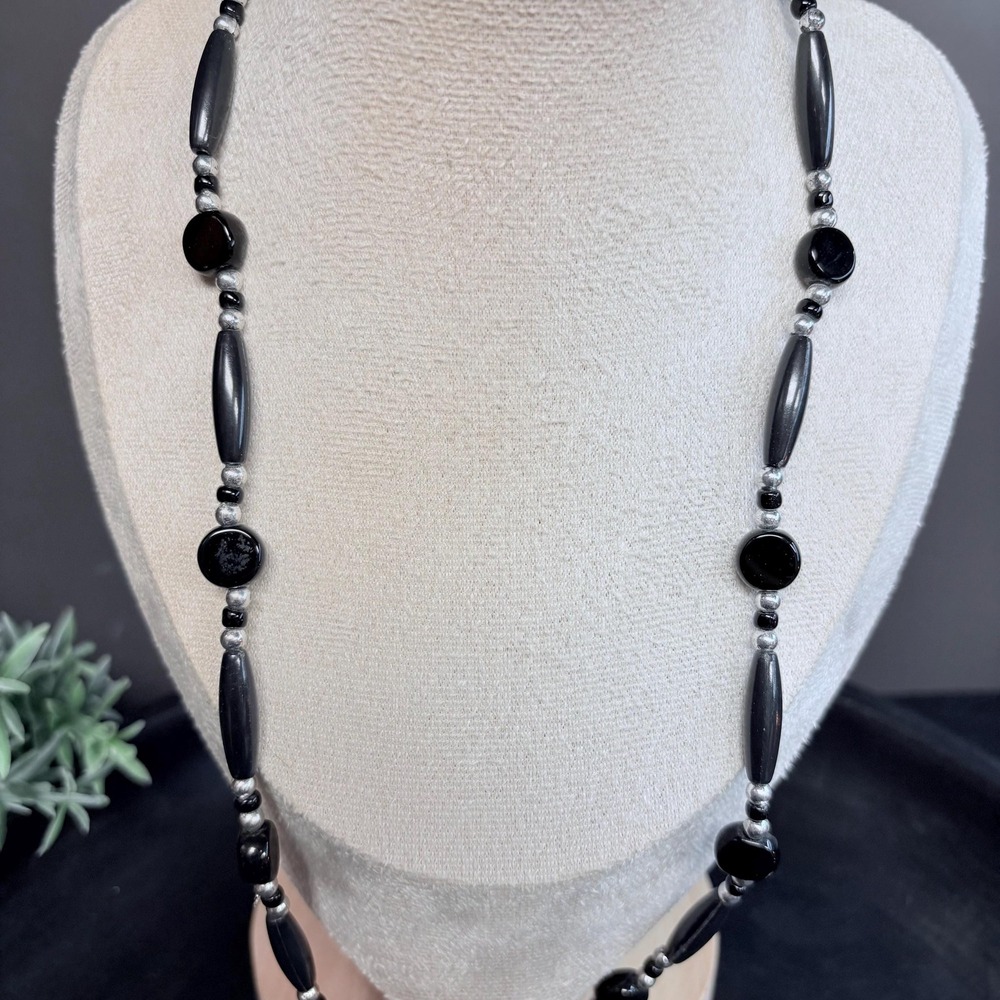 Black & Silver Beaded Necklace 22 In | Toggle | Gothic Minimalist | Witchy - Picture 2 of 6